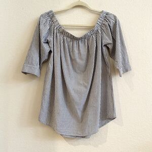 14th & Union Button Back Shirt Women Medium Grey White Striped Off The Shoulder